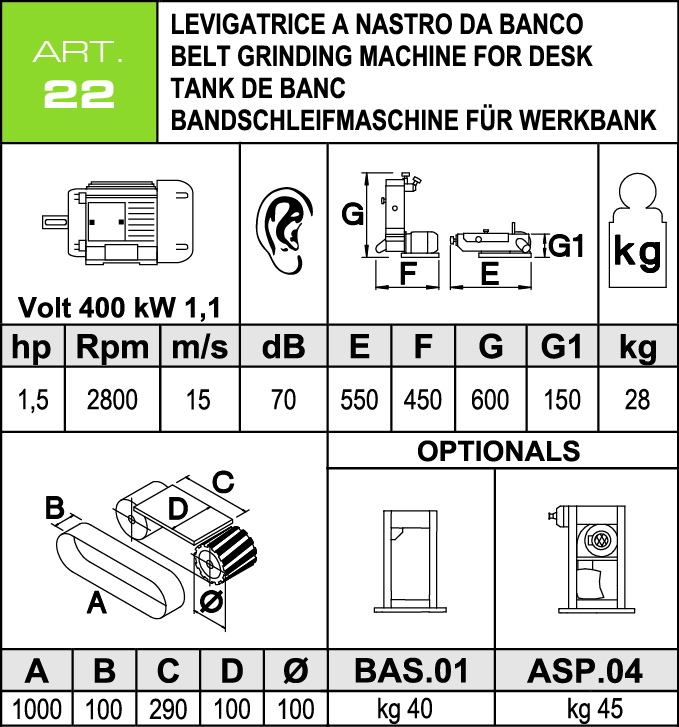 Technische Daten Bandschleifmaschine ART. 22